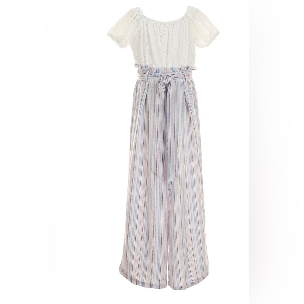 In Girl Big Girls Puffed Sleeve Eyelet & Striped Wide-Leg Jumpsuit -Size L (14 )